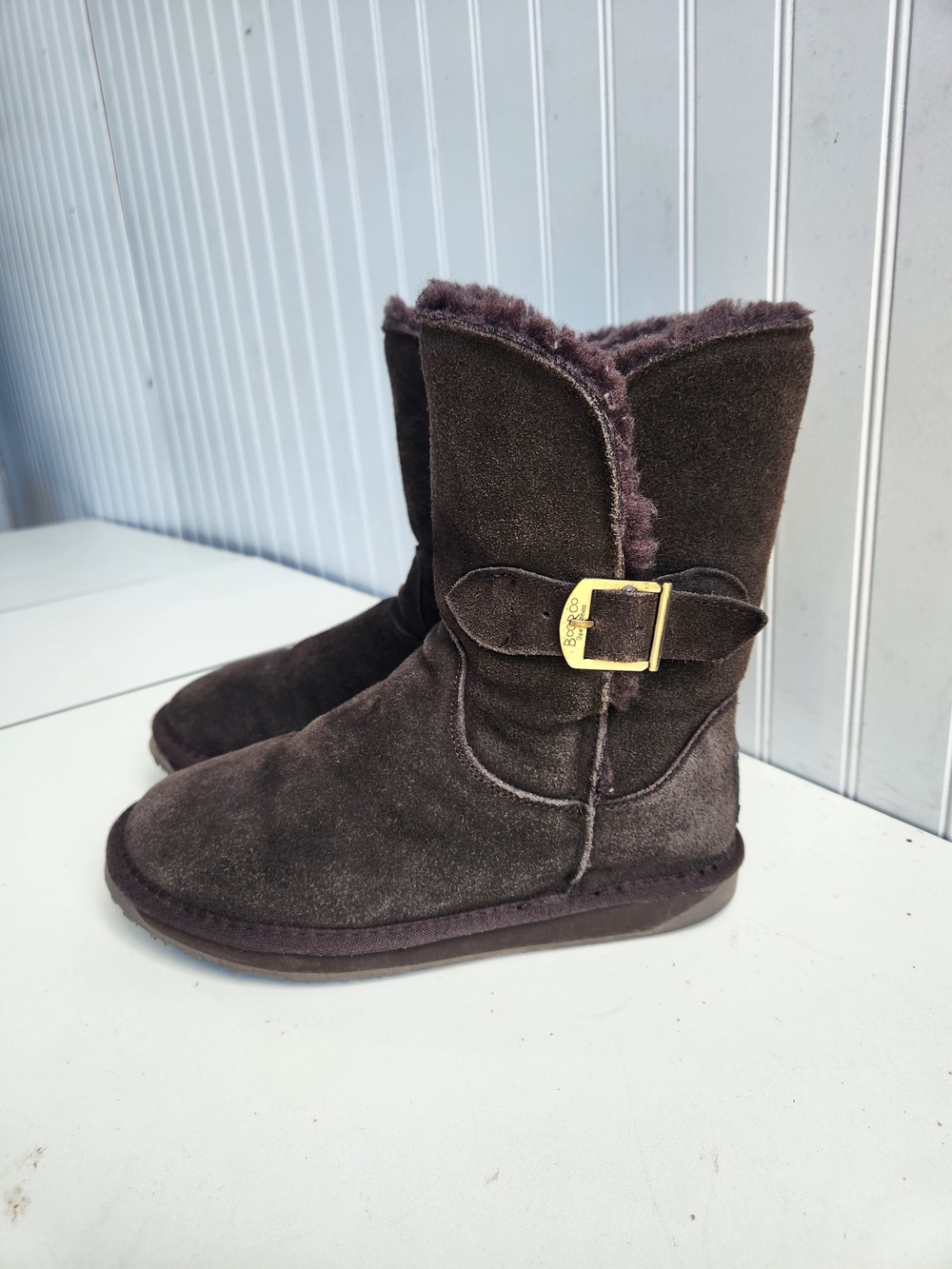 Booroo Suede Ankle Boots Women Size 8 Purple Faux Fur Lined Buckle Strap